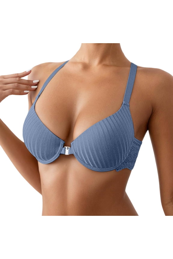 Front Hook Closure Bras for Women Plus Size Wireless Demi Bras No Underwire T Shirt Bralettes Racerback Lace Minimizer Bras Blue 85D