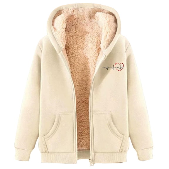 Wang6 Full Zip up Winter Hoodies for Womens Plus Size Liner Heart Printed Hooded Sweatshirts Trendy Drawstrings Long Sleeve V Neck Loose Fit Tops with Pockets Beige XXXL