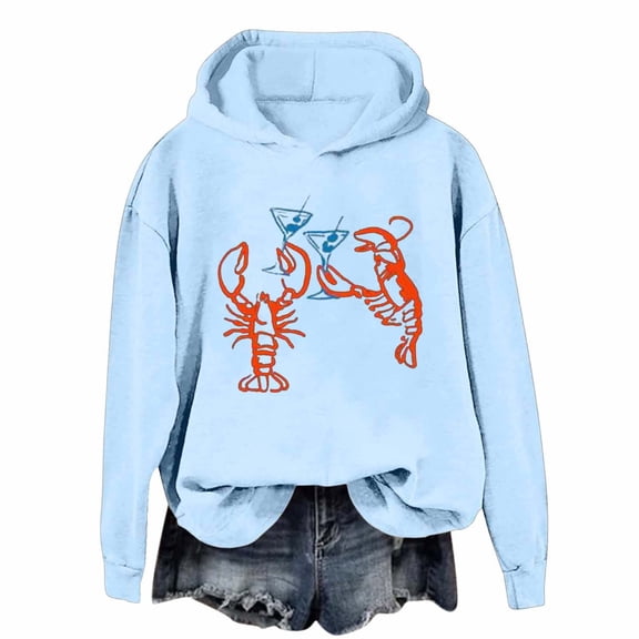 Wang6 Funny Graphic Hoodies for Womens Loose Fit Shrimp Pirinted Hooded Pullovers Sweatshirts Trendy Fall Long Sleeve V Neck Tops Light Blue M