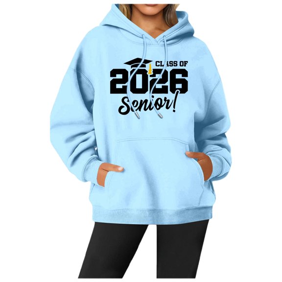 Wang6 Graphic Hoodies Dress for Womens Causal Loose Fit 2026 Letter Printed Pullover Sweatshirts Trendy Fall Drawstrings Long Sleeve V Neck Tops with Pockets Light Blue XXL