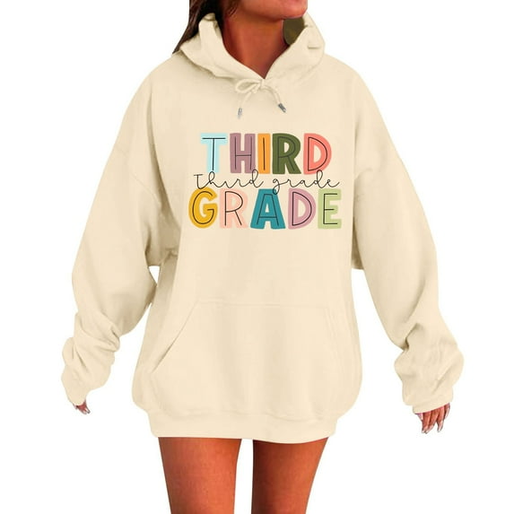 Wang6 Graphic Hoodies for Womens Causal Loose Fit Back to School Pullover Sweatshirts Trendy Plus Size White Fall Long Sleeve V Neck Tops with Pockets Beige M
