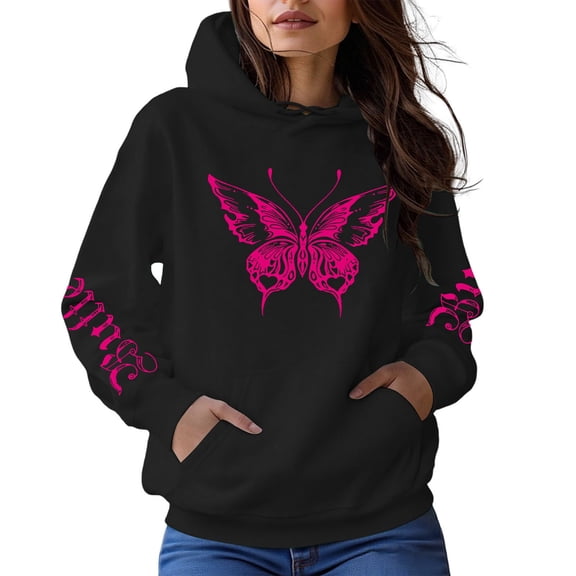 Wang6 Graphic Hoodies for Womens Causal Loose Fit Butterfly Printed Pullover Sweatshirts Trendy White Fall Long Sleeve V Neck Tops with Pockets Black S