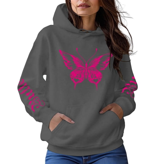 Wang6 Graphic Hoodies for Womens Causal Loose Fit Butterfly Printed Pullover Sweatshirts Trendy White Fall Long Sleeve V Neck Tops with Pockets Grey S