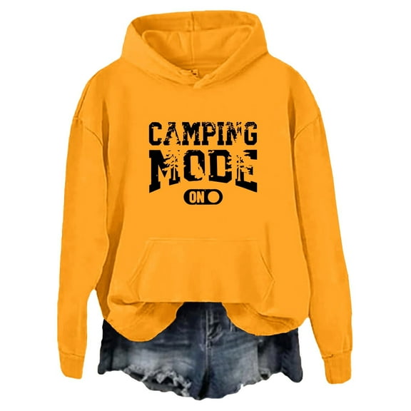 Wang6 Graphic Hoodies for Womens Loose Camping Mode Letter Pirnted Hooded Pullovers Sweatshirts Trendy Fall Long Sleeve V Neck Tops with Pocket Yellow L