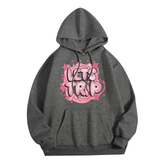 Wang6 Graphic Hoodies for Women Trendy"Let Is Trip"Letter Printed Pullovers Sweatshirts Causal Long Sleeve V neck Loose Fit Tops with Pocket Grey S