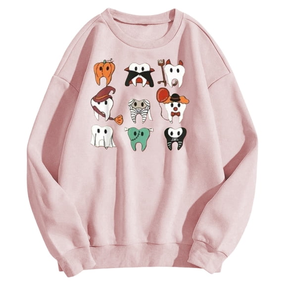 Wang6 Graphic Sweatshirts for Women Causal Long Sleeve Cute Teeth Printed Hoodless Pullovers Girls Loose Fit Crew Neck Tops Tshirts Light Pink XXL