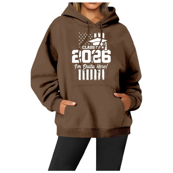 Wang6 Letter Pirnted Hoodies for Womens Plus Size"Class of 2026"Printed Hooded Sweatshirts Trendy Drawstrings Long Sleeve V Neck Loose Fit Tops with Pockets Coffee L