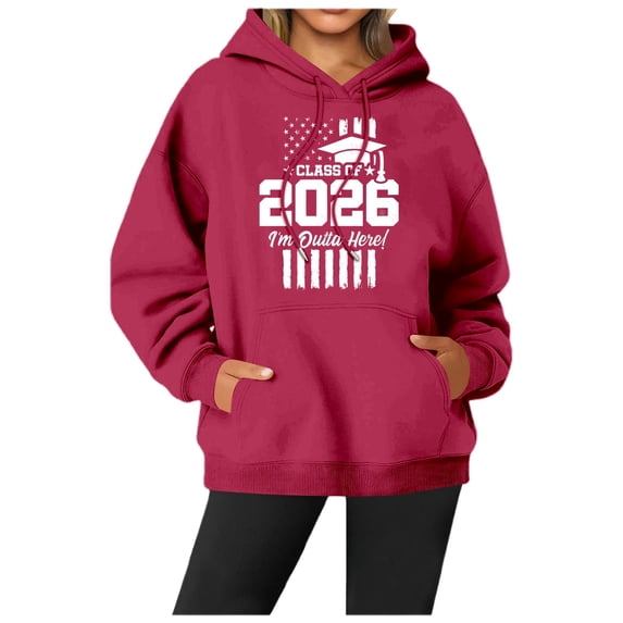 Wang6 Letter Pirnted Hoodies for Womens Plus Size"Class of 2026"Printed Hooded Sweatshirts Trendy Drawstrings Long Sleeve V Neck Loose Fit Tops with Pockets Red XL