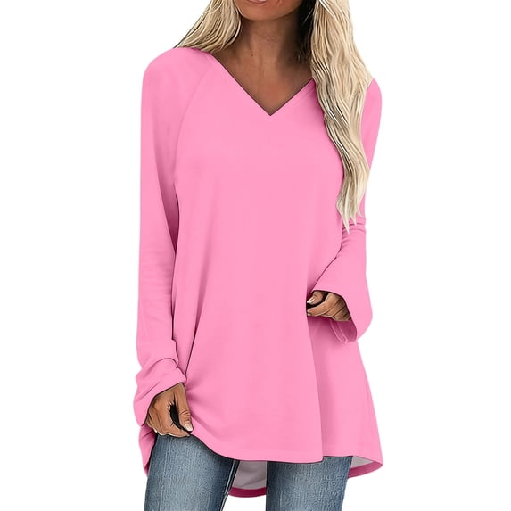 Wang6 Long Sleeve V Neck T Shirts for Womens Plus Size Loose Fit Tunic Tops Causal Crew Neck Long Solid Tees Shirts Pink M