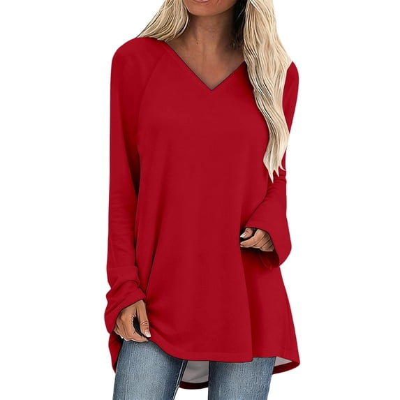 Wang6 Long Sleeve V Neck T Shirts for Womens Plus Size Loose Fit Tunic Tops Causal Crew Neck Long Solid Tees Shirts Red L