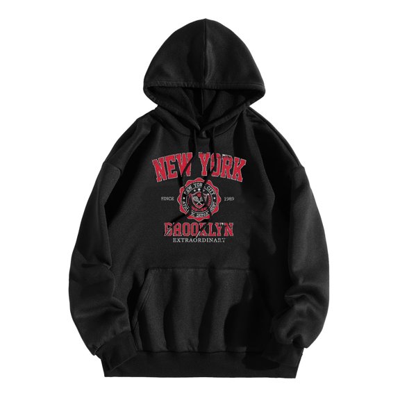 Wang6 "New York"Graphic Hoodies for Womens Plus Size Letter Printed Hooded Sweatshirts Trendy Drawstrings Long Sleeve V Neck Loose Fit Tops with Pockets Black XXL