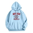 thumbnail image 1 of Wang6 "New York"Graphic Hoodies for Womens Plus Size Letter Printed Hooded Sweatshirts Trendy Drawstrings Long Sleeve V Neck Loose Fit Tops with Pockets Sky Blue XL, 1 of 3