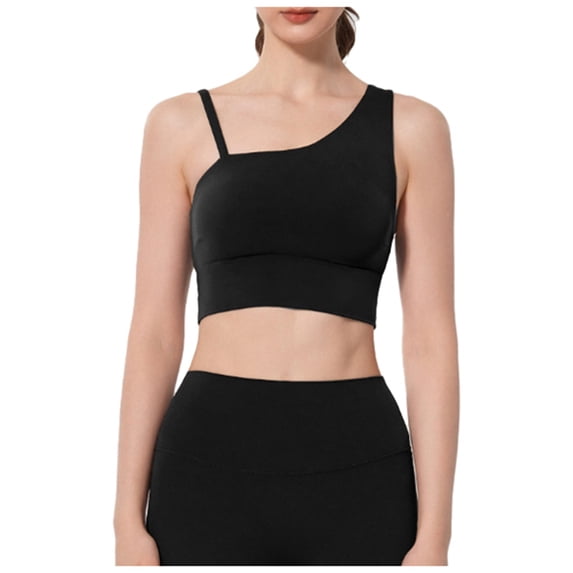 Wang6 One Shoulder Cropped Tank Tops Trendy Wireless Workout Longline Bras Seamless Running Gym Yoga Tops Black L