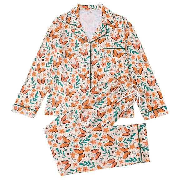 Wang6 Pajamas Sets for Womens with Shorts Plus Size Soft Pjs Loungewear Sets 2 Pieces Short Sleeve V Neck Cute Butterfly Printed Sleepwear Set Orange S