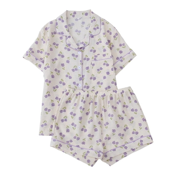 Wang6 Pajamas Sets for Womens with Shorts Soft Pjs Loungewear Sets 2 Pieces Short Sleeve V Neck Button Shirts Shorts Floral Printed Sleepwear Set Purple M