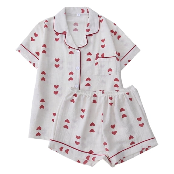 Wang6 Pajamas Sets for Womens with Shorts Soft Pjs Loungewear Sets 2 Pieces Short Sleeve V Neck Button Shirts Shorts Floral Printed Sleepwear Set Red L