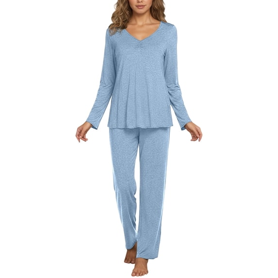 Wang6 Pajamas Sets for Womens Plus Size Soft Pjs Loungewear Sets 2 Pieces Solid Long Sleeve V Neck Shirts Wide Leg Pants Sleepwear Set BU2 S