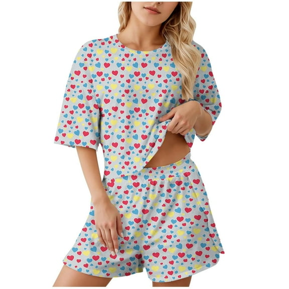 Wang6 Pajamas Sets for Womens with Shorts Soft 2 Pieces Short Sleeve Crew Neck Shirts Shorts Graphic Pjs Loungewear Sets Sleepwear Set Red S