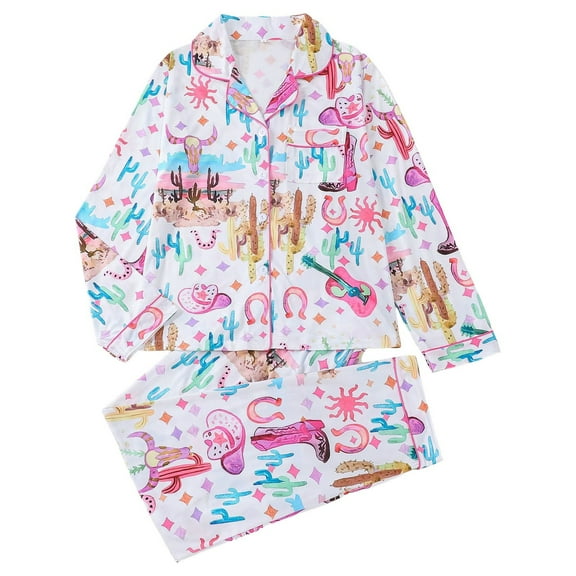 Wang6 Pajamas for Women Set Soft Pjs Lounge Sets 2 Piece Long Sleeve Button down Shirts Wide Leg Pants Cute Animal Printed Sleepwear Nightwear Sets White S