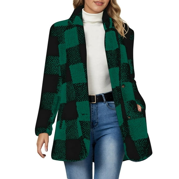 Wang6 Plus Size Button Cardigan for Women Black Open Front Long Sleeve Jackets Trendy Fall Plaid Printed Trim Tops Outerwear with Pockets Dark Green M