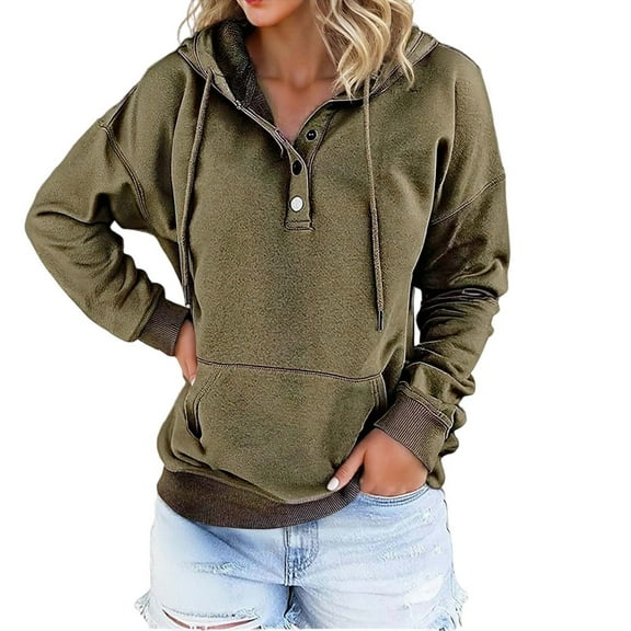 Wang6 Plus Size Button up Hoodies for Womens Solid Long Sleeve Hooded Sweatshirts Trendy Drawstrings V Neck Loose Fit Tops Jacket with Pockets Army Green M