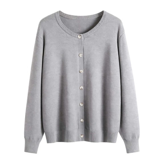 Wang6 Plus Size Cardigan Sweaters for Women Causal Black Open Front Button Long Sleeve Lightweight Knit Sweater Trendy Fall Crew Neck Solid Knitted Tops Outerwear Grey M