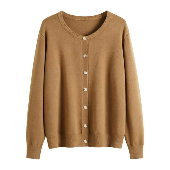 Wang6 Plus Size Cardigan Sweaters for Women Causal Black Open Front Button Long Sleeve Lightweight Knit Sweater Trendy Fall Crew Neck Solid Knitted Tops Outerwear Khaki M