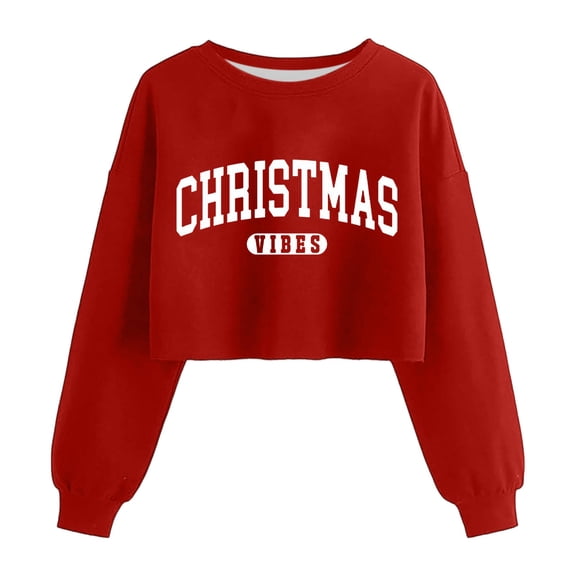 Wang6 Plus Size Cropped Christmas Sweatshirts for Women Trendy Xmas Long Sleeve Letter Printed Tshirts Causal Loose Fit Crew Neck Graphic Tops Shirts Red M