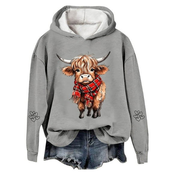 Wang6 Plus Size Graphic Hoodies for Women Trendy Cute Bull Butterfly Printed Pullovers Sweatshirts Teen Girls Causal Long Sleeve V Neck Loose Fit Tops X_Grey M