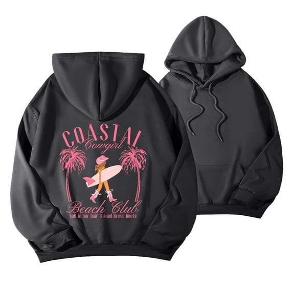 Wang6 Plus Size Graphic Hoodies for Womens Loose Fit Back Coastal Letter Printed Pullovers Sweatshirts Trendy Drawstrings Fall Long Sleeve Tops with Pocket Dark Gray XXL