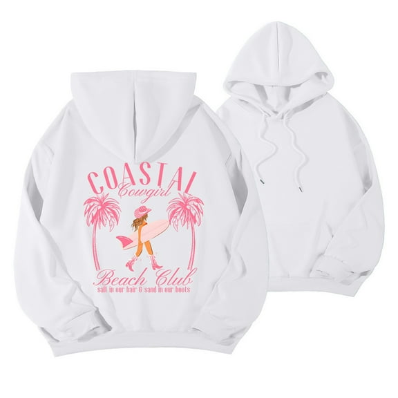 Wang6 Plus Size Graphic Hoodies for Womens Loose Fit Back Coastal Letter Printed Pullovers Sweatshirts Trendy Drawstrings Fall Long Sleeve Tops with Pocket White XS