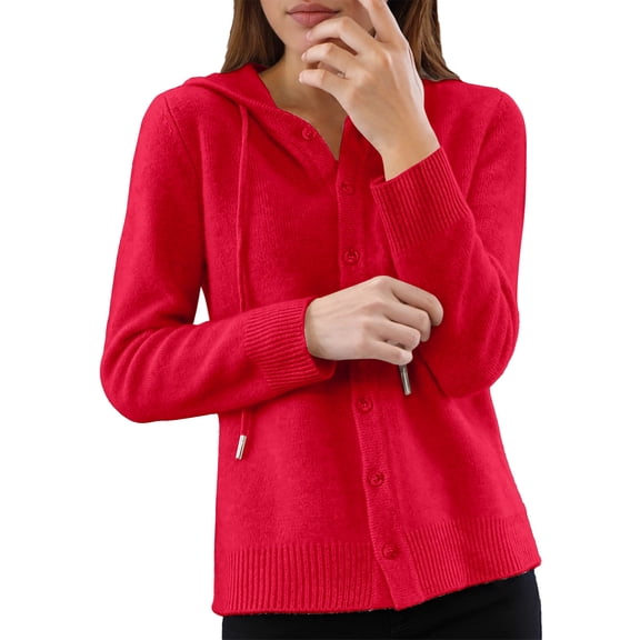 Wang6 Plus Size Hooded Cardigan Sweaters for Women Button down Open Front Long Sleeve Knit Sweater Trendy Fall Solid Hoodies Tops Outerwear Red M