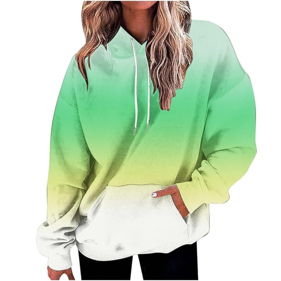 Wang6 Plus Size Hoodies Dress for Womens Loose Fit Gradient Hooded Pullovers Sweatshirts Trendy Drawstrings Fall Long Sleeve V Neck Tops with Pocket Light Yellow XL