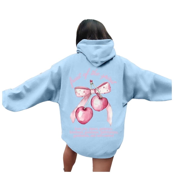 Wang6 Plus Size Hoodies for Womens Loose Fit Back Letter Printed Pullovers Sweatshirts Teen Girls Trendy Fall Long Sleeve V Neck Tops with Pocket Light Blue L