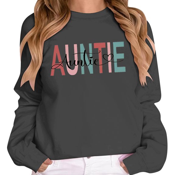 Wang6 Plus Size Sweatshirts for Women Trendy Xmas Long Sleeve Auntie Letter Printed Pullovers Causal Loose Fit Crew Neck Fleece Lining Graphic Tops Shirts Dark Gray M