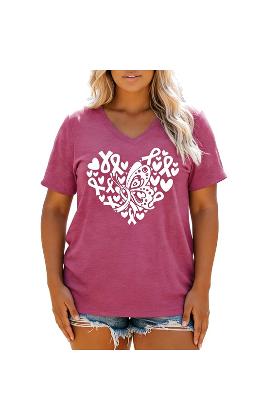 Plus Size V Neck Tshirts for Women Causal Floral Printed Graphic Tees Summer Loose Fit Short Sleeve Tops Hot Pink XXL
