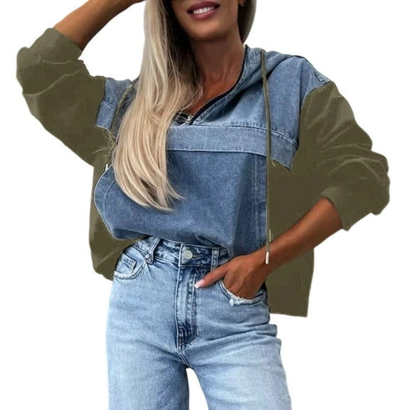 Wang6 Quarter Zip Denim Hoodies for Womens Loose Fit Jean Pullovers Color Blocking Sweatshirts Trendy Fall Long Sleeve V Neck Tops Green L