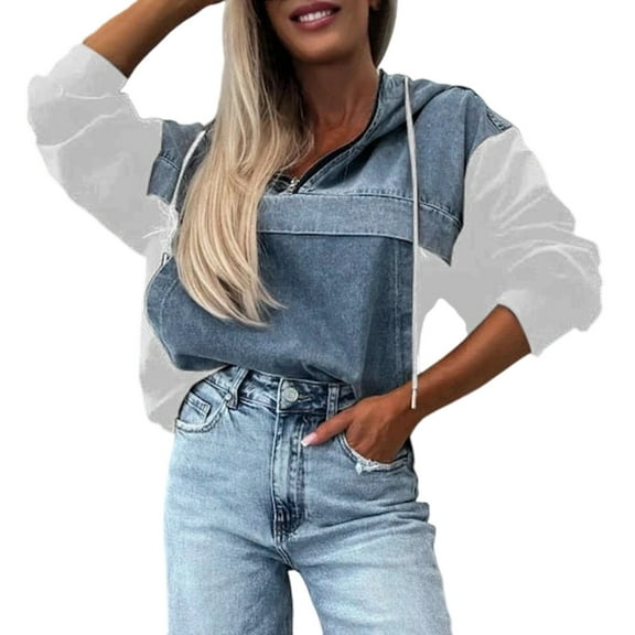 Wang6 Quarter Zip Denim Hoodies for Womens Loose Fit Jean Pullovers Color Blocking Sweatshirts Trendy Fall Long Sleeve V Neck Tops White L
