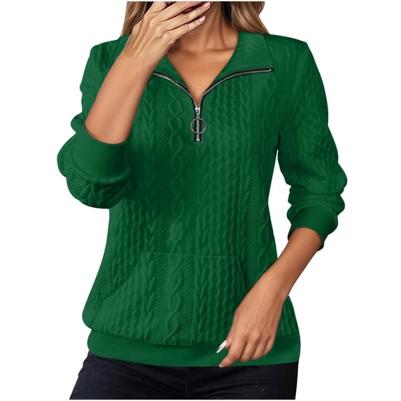Wang6 Quarter Zip up Pullovers for Women Causal Long Sleeve Lapel Hoodless Sweatshirts Girls Loose Fit V Neck Tops Solid Tshirts with Pockets Green S