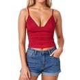 thumbnail image 1 of Wang6 Ribbed Cropped Camisole Tops for Women Sleeveless Deep V Neck Spaghetti Strap Cami Tops Tshirts Causal Slim Summer Tops Tees Red L, 1 of 8