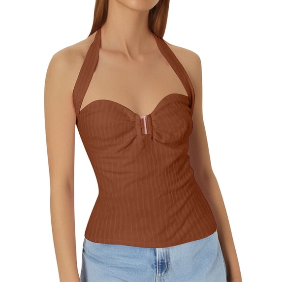 Wang6 Ribbed Tank Tops for Women Halter Sleeveless Scoop Neck Tops Summer Slim Fit Solid Tees T Shirts Coffee M