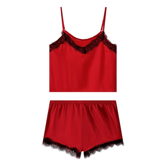 Wang6 Satin Silk Pajamas for Women Sets with Shorts Soft Pjs Lounge Set 2 Piece Spaghetti Strap Cropped Tank Tops Shorts Lace Sleepwear Nightwear Sets Red M
