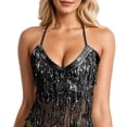 thumbnail image 1 of Wang6 Sequins Fringe Halter Cropped Tank Tops Performance Sparkling Party Holiday Dance Evening Club Longline Bra Spaghetti Strap Cami Tops Black One Size, 1 of 4