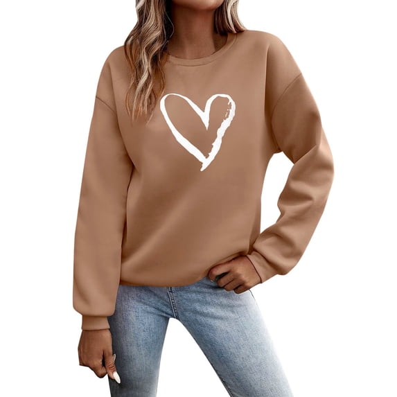 Wang6 Valentine's Day Sweatshirts for Women Trendy Love Heart Printed Long Sleeve Loose Fit Pullovers Trendy Crew Neck No Hooded Tops T Shirts YX_Khaki S