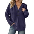 thumbnail image 1 of Wang6 Waffle Button up Hoodies Dress for Womens Loose Fit Solid Hooded Pullovers Sweatshirts Trendy Fall Long Sleeve V Neck Tops Navy XL, 1 of 5