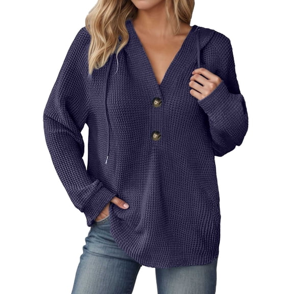 Wang6 Waffle Button up Hoodies Dress for Womens Loose Fit Solid Hooded Pullovers Sweatshirts Trendy Fall Long Sleeve V Neck Tops Navy XXL