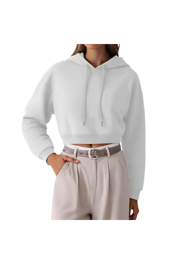White Cropped Hoodies for Womens Causal Loose Fit Solid Pullover Sweatshirts Trendy Fall Drawstrings Long Sleeve V Neck Tops White XS