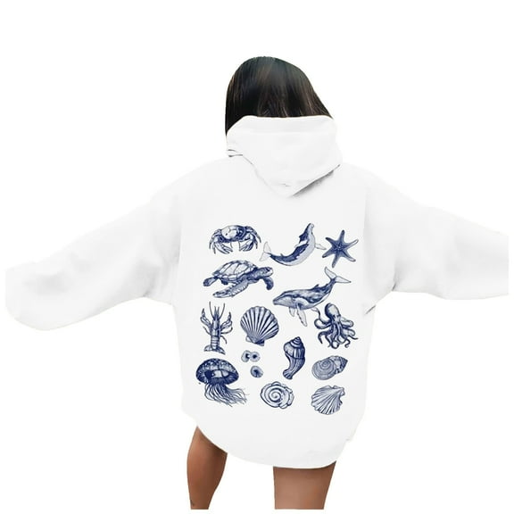 Wang6 White Graphic Hoodies for Womens Causal Loose Fit Back Sea Creatures Printed Pullover Sweatshirts Trendy Fall Long Sleeve V Neck Tops with Pockets White XL