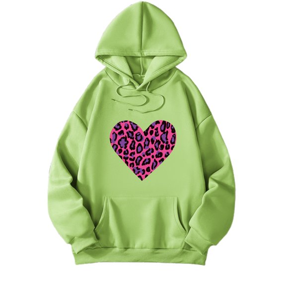 Wang6 White Oversized Graphic Hoodies for Womens Loose Fit Heart Printed Pullovers Sweatshirts Teen Girls Trendy Fall Long Sleeve V Neck Tops with Pocket Green L
