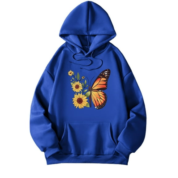 Wang6 White Oversized Graphic Hoodies for Womens Loose Fit Sunflower Butterfly Printed Pullovers Sweatshirts Teen Girls Trendy Fall Long Sleeve V Neck Tops with Pocket Blue XXL